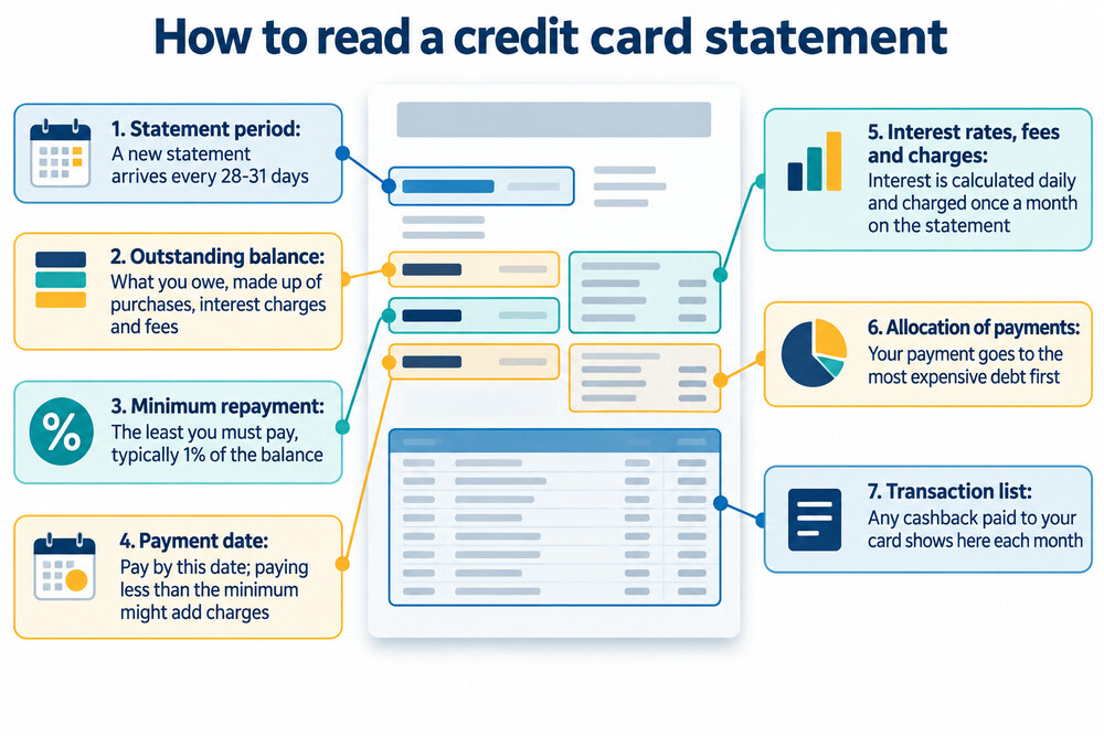 An annotated credit card statement, with arrows pointing to the balance, minimum repayment, due date and interest rate