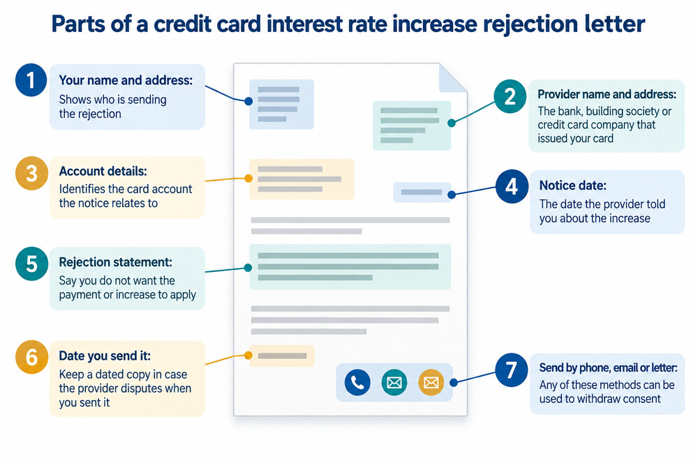 A written rejection letter to a card provider with the account and notice date