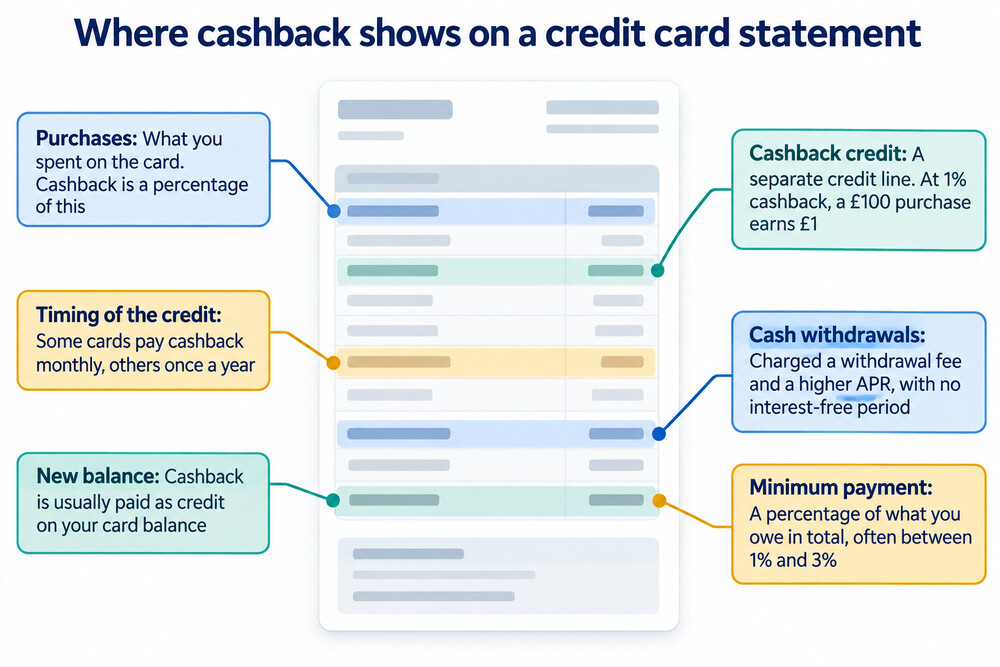 A credit card statement showing a cashback credit line, with the reward amount highlighted among the month's transactions