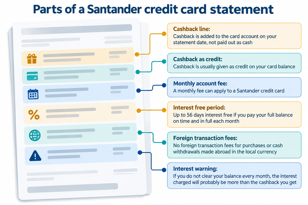 A Santander credit card statement showing a cashback line and the monthly account fee