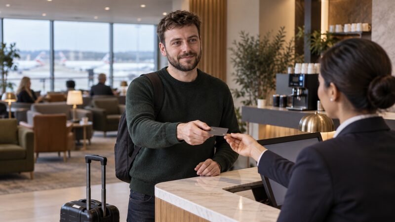 A man stands at an airport lounge reception holding a credit card out to a host.