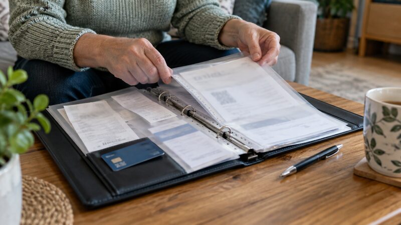 A folder of documents including receipts, correspondence and a claim letter