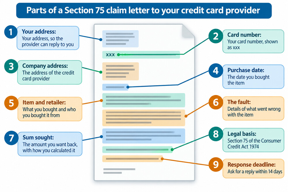 A credit card statement showing a purchase over £100 and the card provider's contact details
