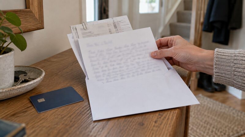 Hand tucking a letter, receipts and a delivery note into an envelope on a hallway table.