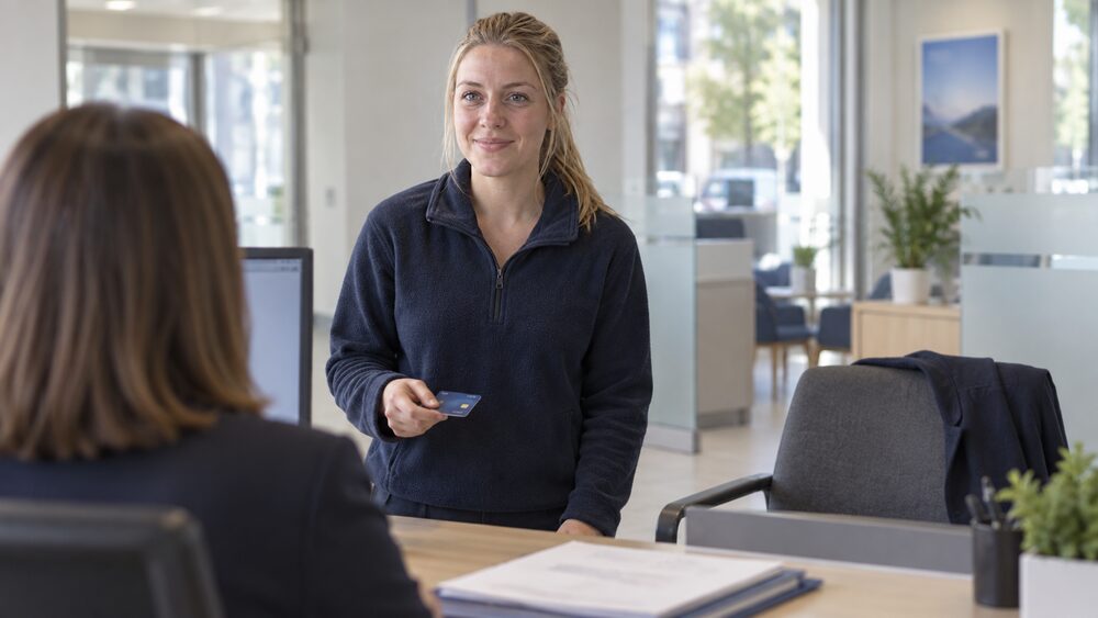 A woman waits at a bank service desk holding a card, a coat draped over a chair.