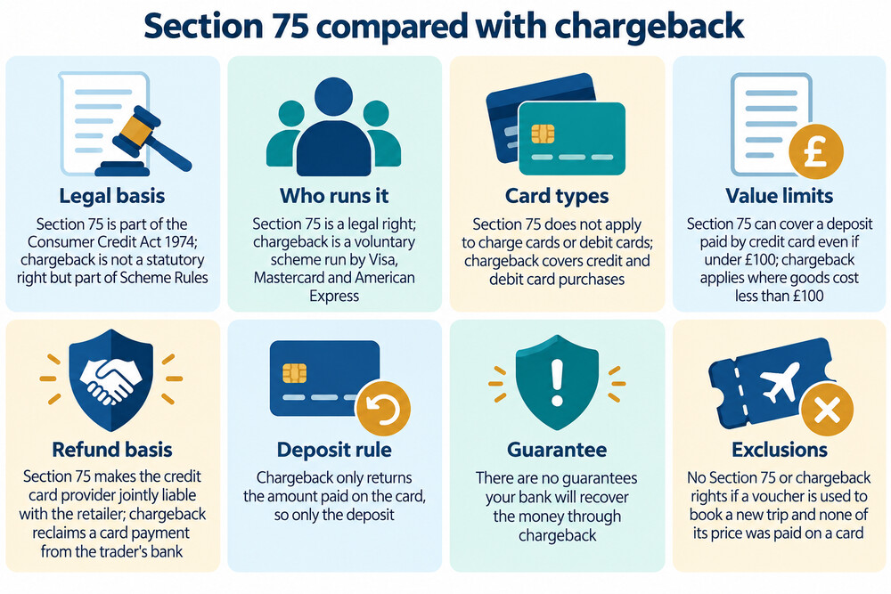 A side-by-side comparison of Section 75 and chargeback, showing the legal basis, card types and value limits of each