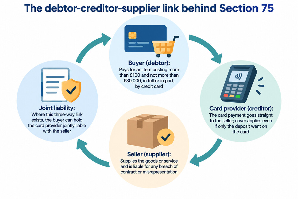 Diagram showing the three-way link between buyer, card provider and seller under Section 75