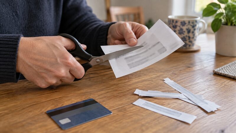 Hands using scissors to cut a cheque-style paper slip on a desk, with a credit card nearby.