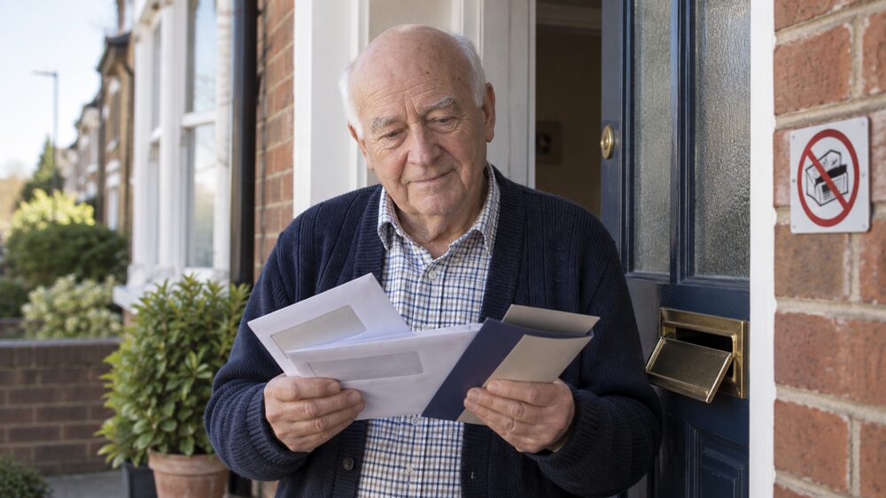 Older man at his front door sorting through a bundle of post and a cheque-style mailer.