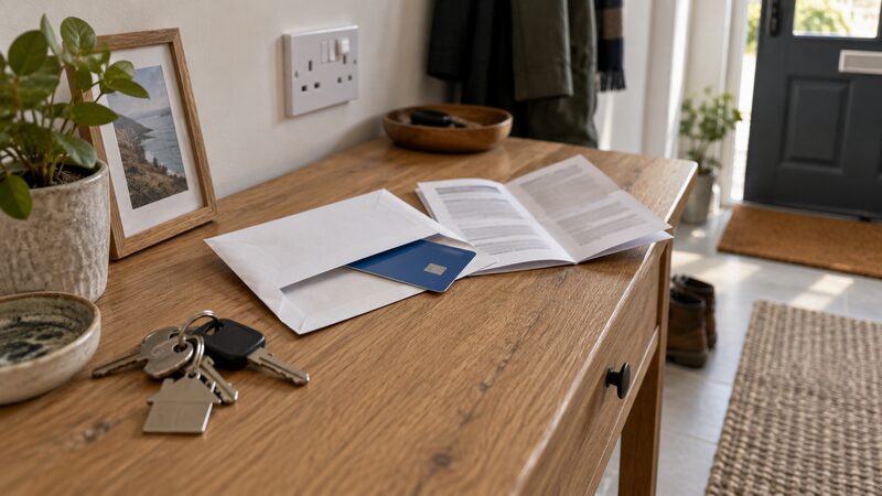 Opened envelope with a new plastic card and a folded terms leaflet on a hallway table.