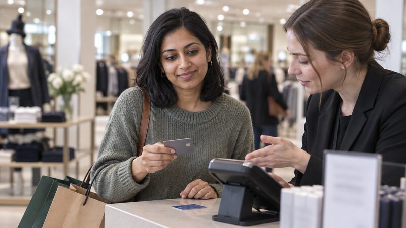 Woman at a shop counter holding a card while an assistant gestures toward the till.