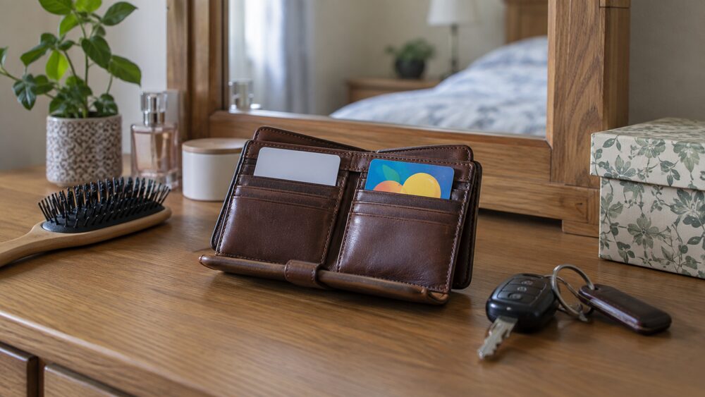 An open purse on a dressing table holds two cards upright beside a hairbrush and keys.