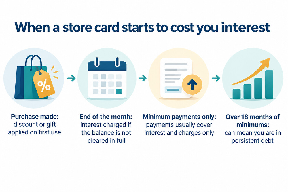 A timeline showing a store card purchase, the interest-free month, and the point at which interest starts to be charged