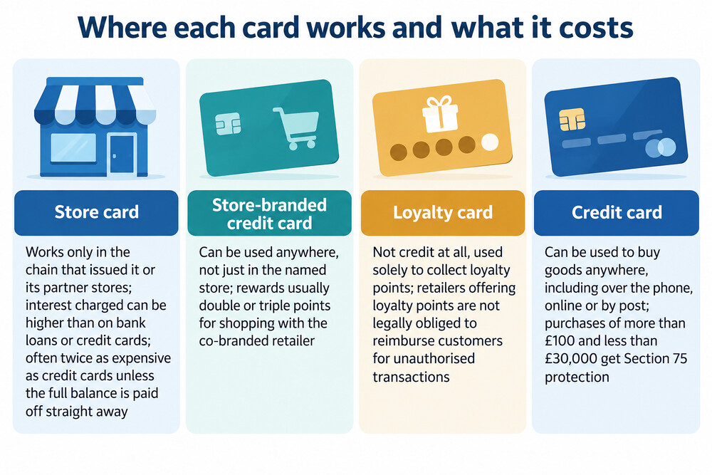 A store card, a store-branded credit card and a loyalty card side by side, with labels showing where each can be used