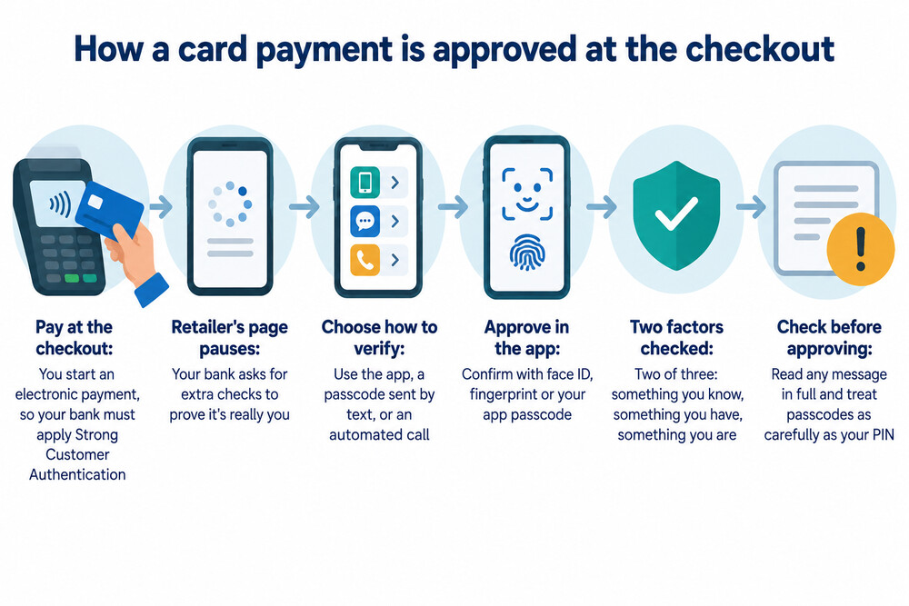 A phone screen showing a banking app prompt asking the customer to confirm an online purchase, with the shop name and amount displayed