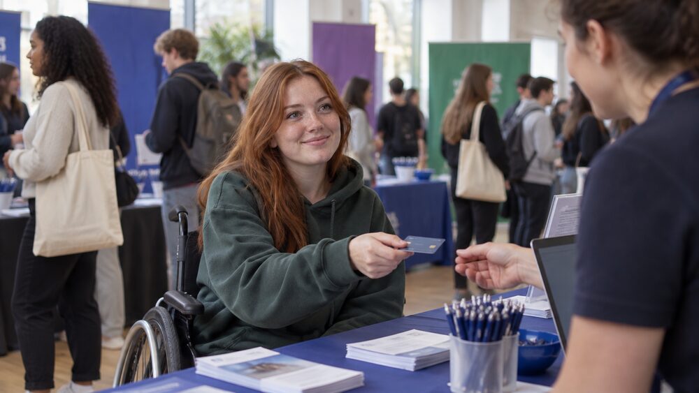 A student in a wheelchair holds out a card at a stall in a busy university hall.