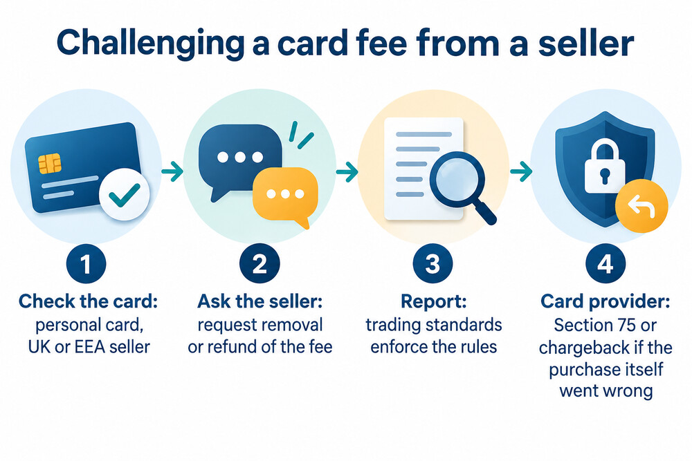 A flow showing the steps to challenge a card surcharge