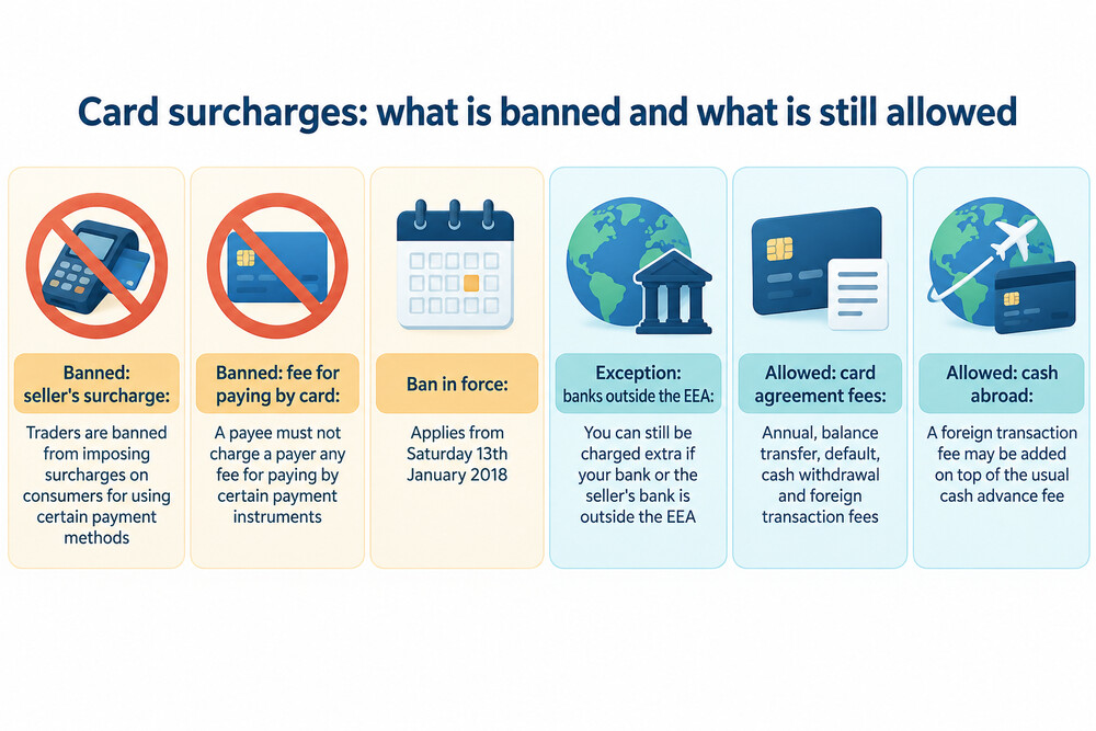 A side-by-side illustration separating surcharges added by a seller at the till from fees charged by the card provider itself, such as cash withdrawal, foreign transaction and balance transfer fees