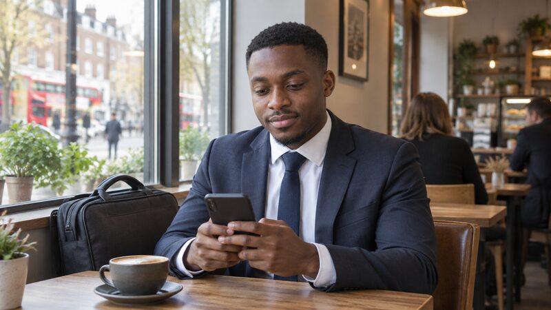 Young man in a cafe holding a phone while checking card eligibility, coffee on the table.