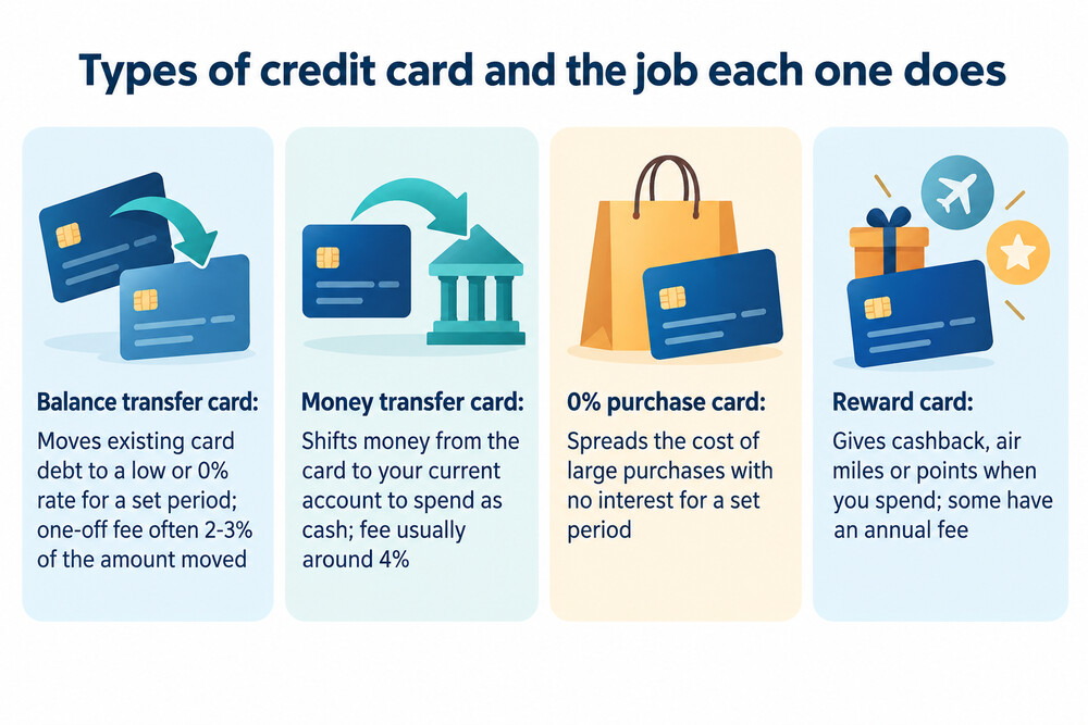 A set of credit cards of different types, each labelled with its purpose: balance transfer, 0% purchases, rewards, credit builder and travel
