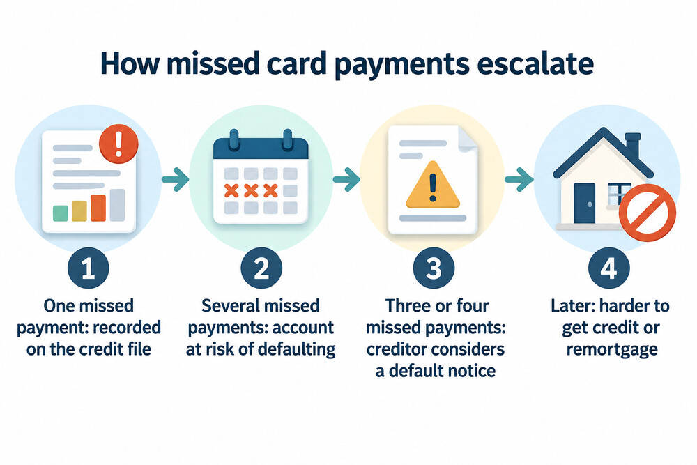 A flow showing how missed card payments build up to a default notice