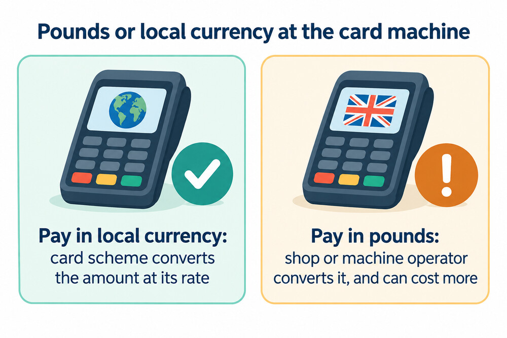 What happens at the till when you choose pounds or local currency