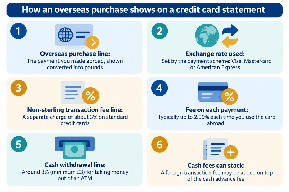A credit card statement showing a foreign transaction fee listed as a separate line under an overseas purchase