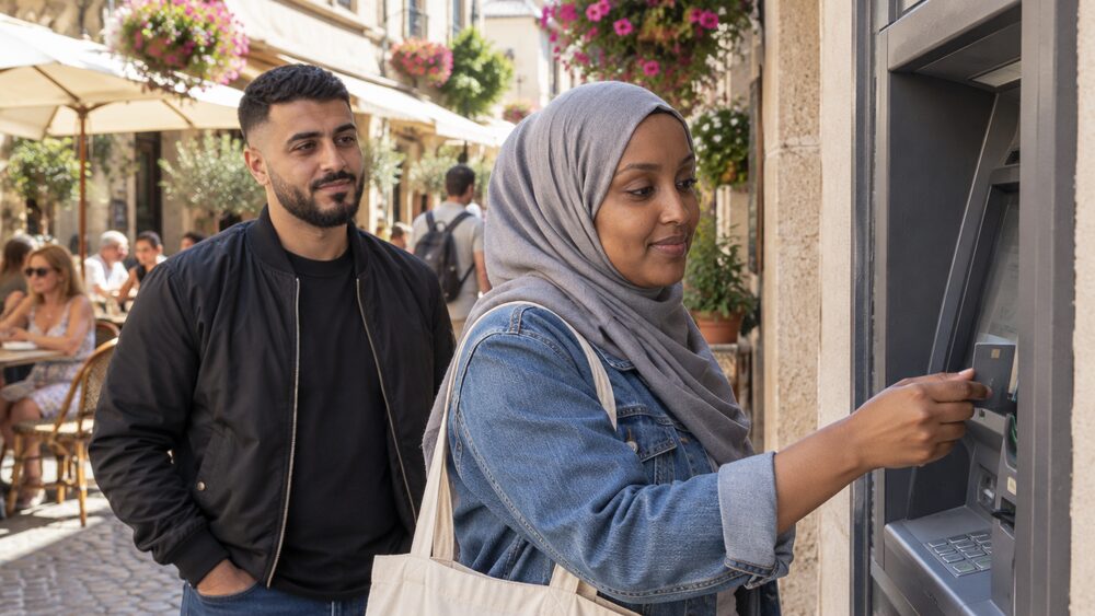 A woman uses a card at a foreign cash machine while a man waits behind her.