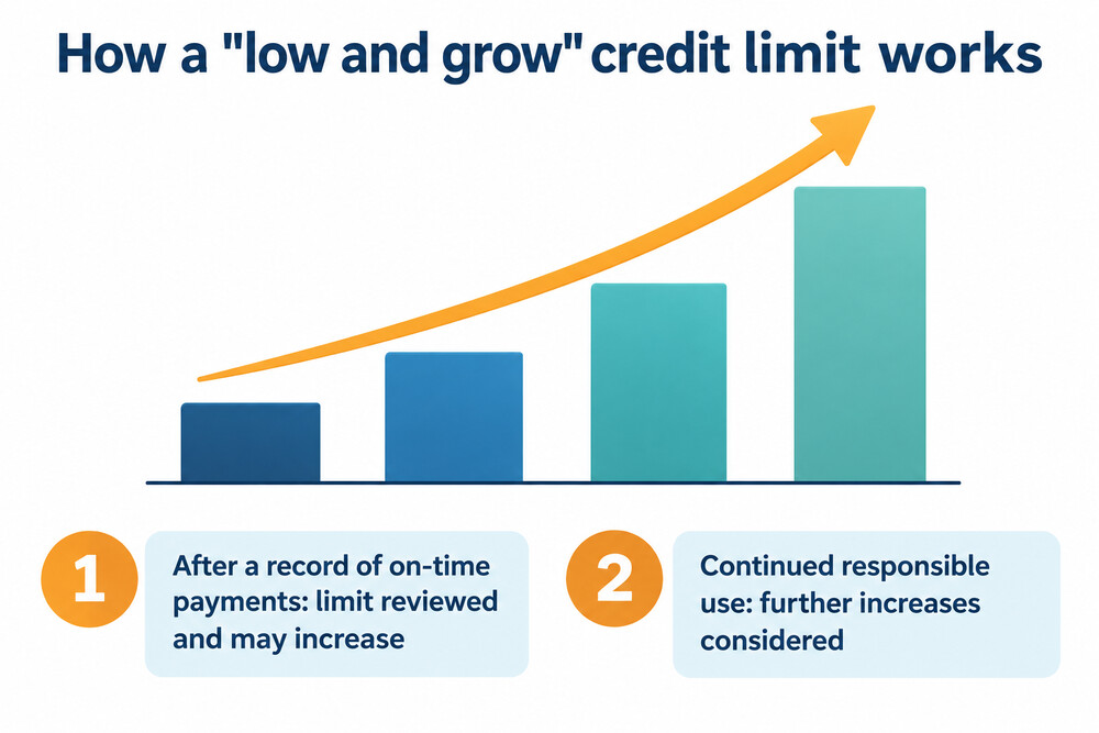 A bar chart showing a credit limit starting low and stepping up over time as repayments are made on time