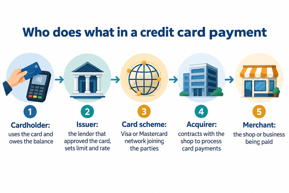 A diagram showing a card payment passing from the cardholder to the issuer, through the card scheme, to the acquirer and the shop