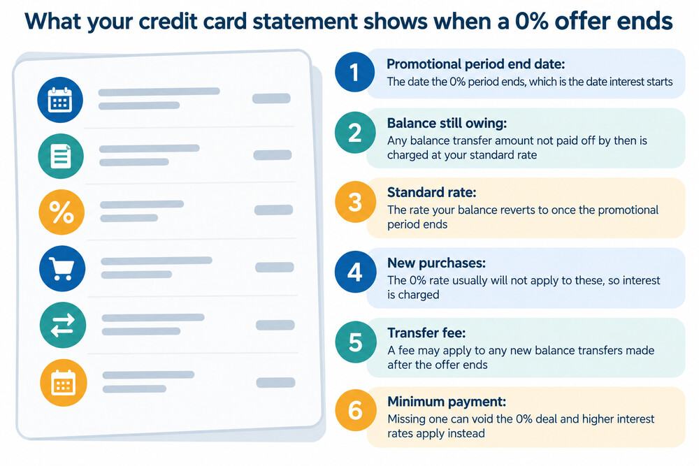 A credit card statement with the promotional period end date highlighted