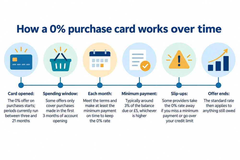 A timeline showing a purchase made on a 0% card, the promotional interest-free window, and the standard rate applying afterwards