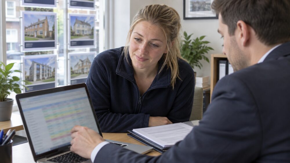 A woman leans over a letting agent's desk as a laptop shows a grid of account rows.