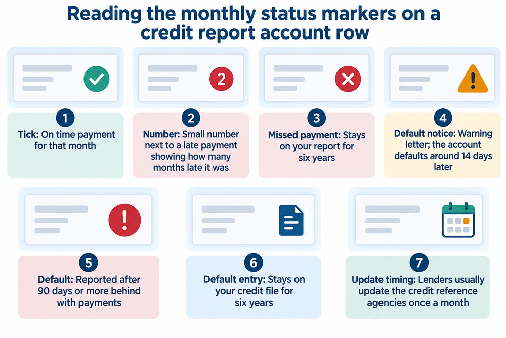 A credit report account row showing monthly status markers from a tick for on time through to a D for default