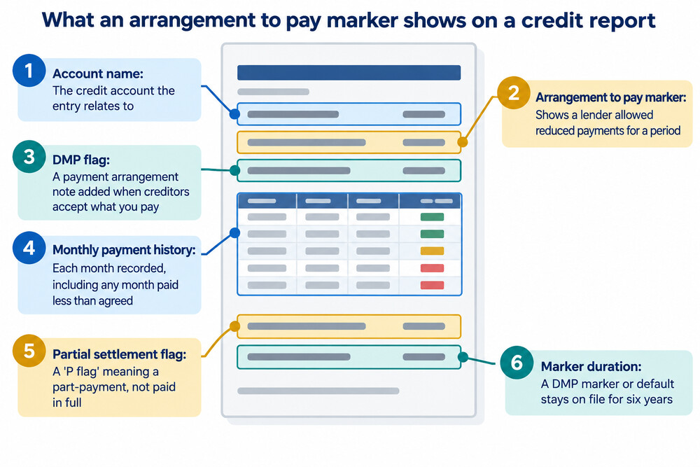 A credit report extract showing an account with an arrangement to pay status flag beside the monthly payment history