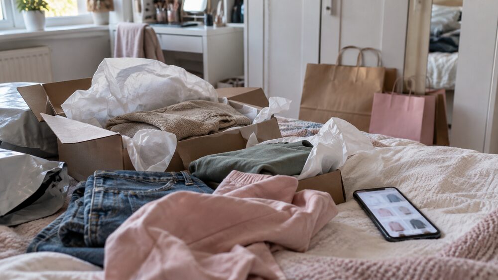 Opened clothing parcels and a phone showing a shopping app lie on a bed.