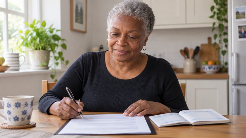 Older woman at a kitchen table reading a credit union loan agreement with a pen.