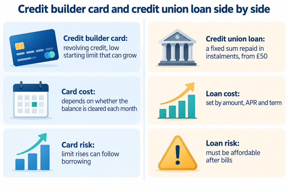 A side-by-side comparison of a credit builder card and a credit union starter loan