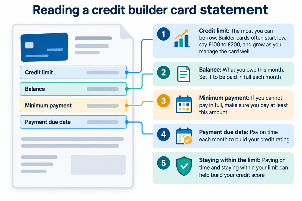 A credit card statement showing a low starting credit limit and the monthly repayment due