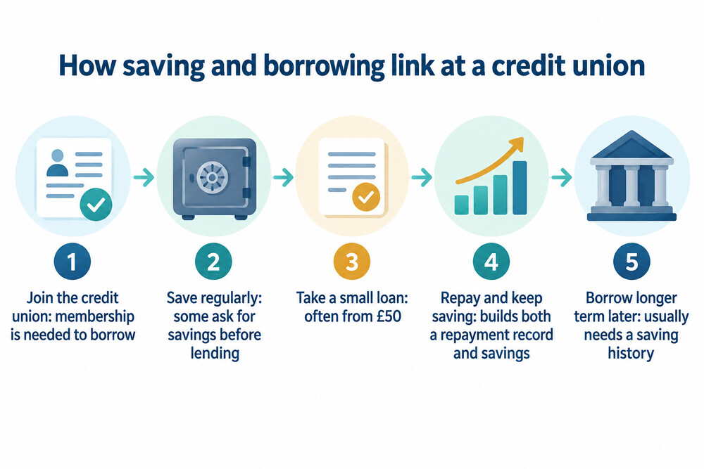 Money flowing in two directions: loan repayments to the credit union and regular savings into a member account