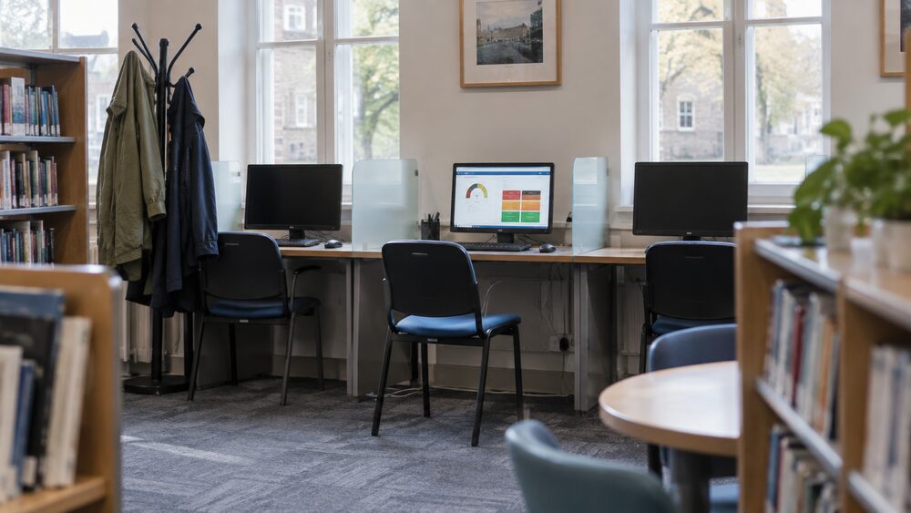 A library computer screen shows a coloured app layout with an empty chair pulled out.