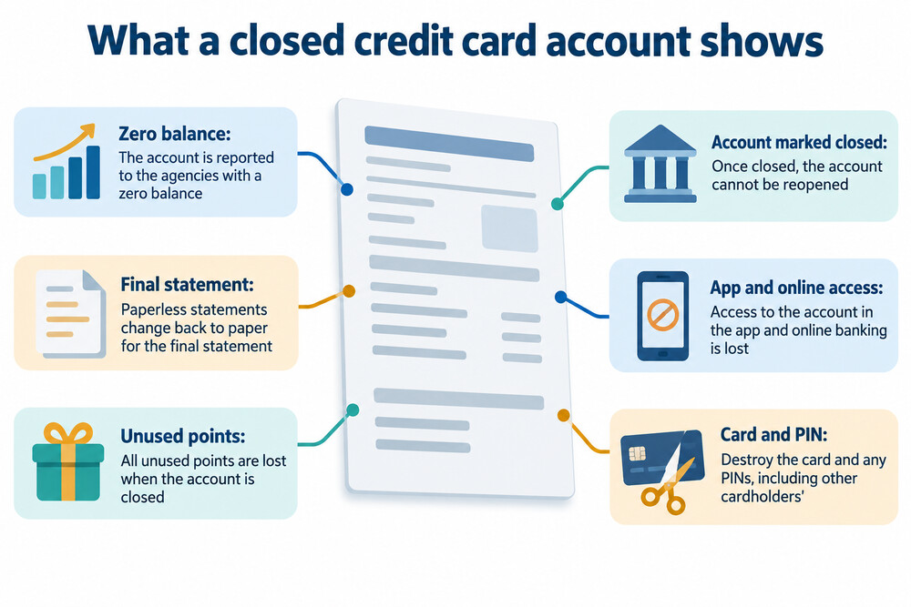 A credit card statement showing a zero balance and the account marked closed