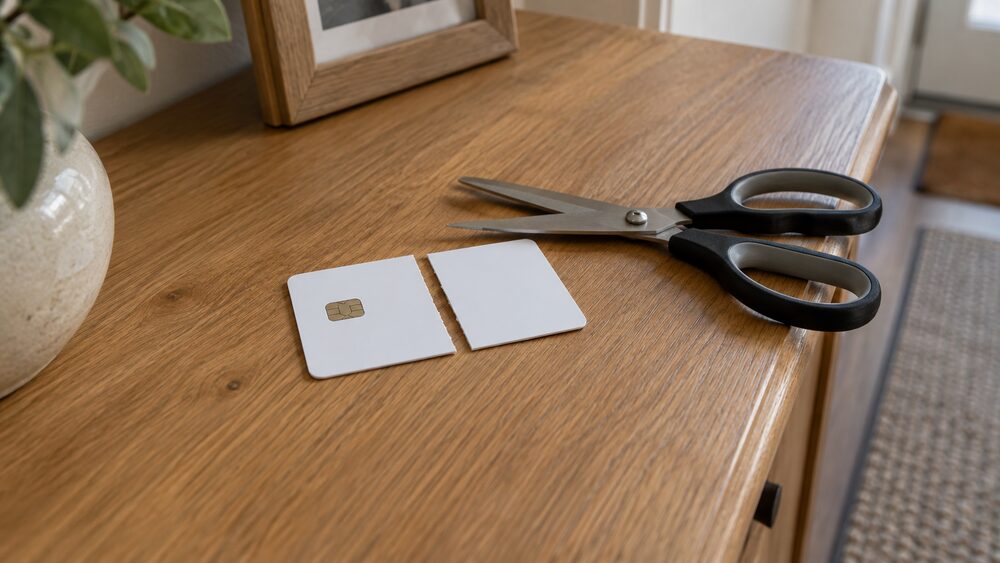 A plain bank card lies cut in two on a wooden sideboard with scissors beside it.