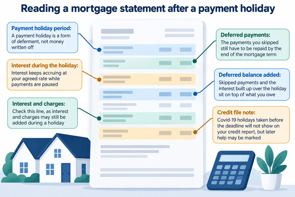 A mortgage statement showing higher monthly payments after a payment holiday