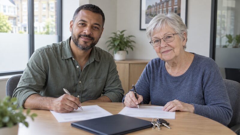 Two people sit at a table in a letting agent's office, each holding a pen over a paper agreement, with a folder and keys on the table.