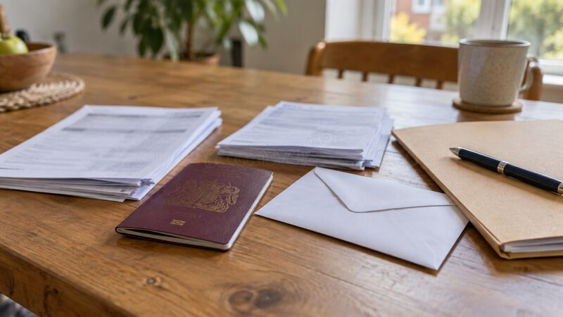 A tenant application pack with a passport, payslips, bank statements and a sealed reference letter laid out on a wooden table.