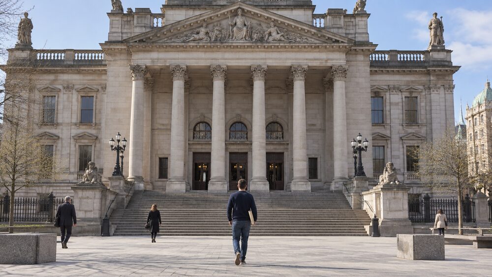 A man crosses a square towards a grand stone courthouse carrying an envelope.