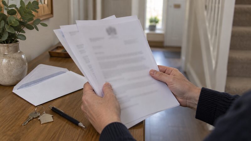 Hands hold an opened envelope and several plain documents over a hallway table, with a key and pen beside them.