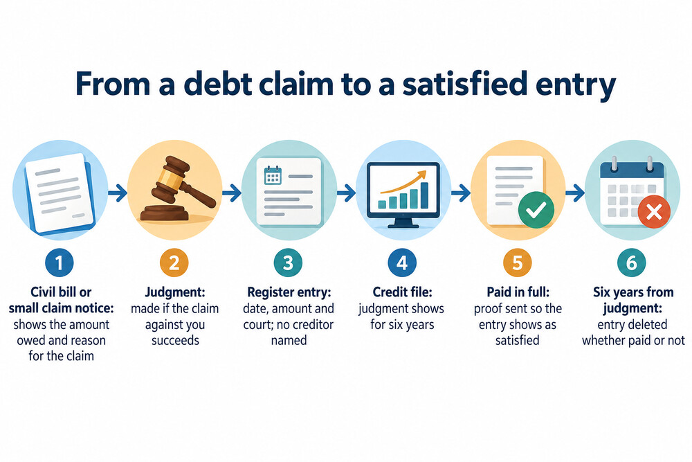 A flow showing a Northern Ireland debt claim from civil bill to credit file and on to a satisfied entry