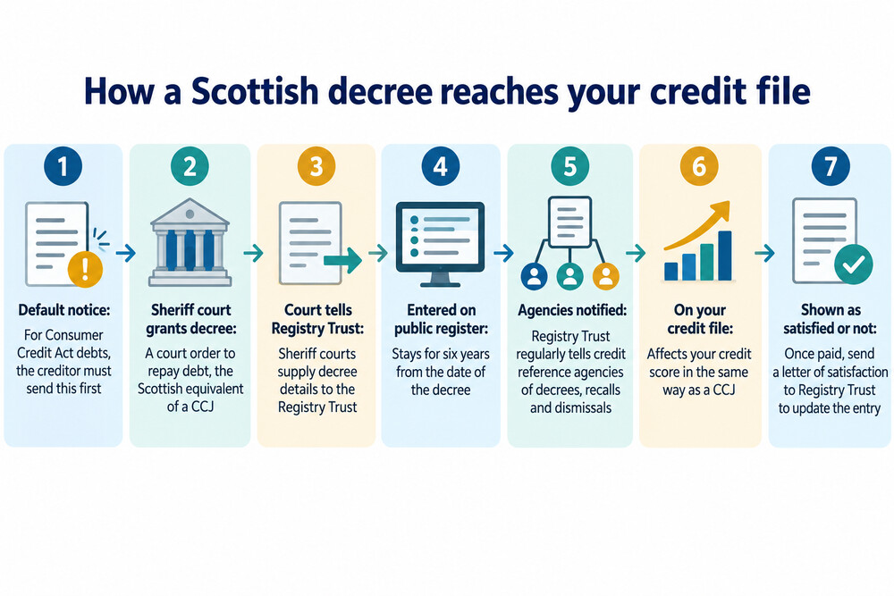 A credit report page showing a Scottish decree entry among other account records